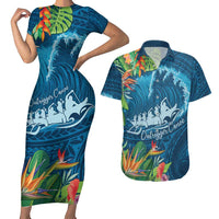 Outrigger Canoe Blue Couples Matching Short Sleeve Bodycon Dress and Hawaiian Shirt On The Waves LT7 Blue - Polynesian Pride