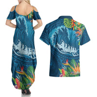 Outrigger Canoe Blue Couples Matching Summer Maxi Dress and Hawaiian Shirt On The Waves