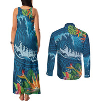 Outrigger Canoe Blue Couples Matching Tank Maxi Dress and Long Sleeve Button Shirt On The Waves