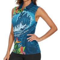 Outrigger Canoe Blue Women Sleeveless Polo Shirt On The Waves