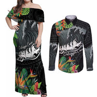 Outrigger Canoe Black Couples Matching Off Shoulder Maxi Dress and Long Sleeve Button Shirt On The Waves