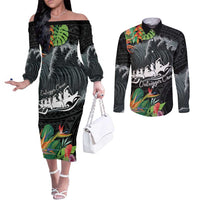 Outrigger Canoe Black Couples Matching Off The Shoulder Long Sleeve Dress and Long Sleeve Button Shirt On The Waves