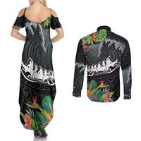Outrigger Canoe Black Couples Matching Summer Maxi Dress and Long Sleeve Button Shirt On The Waves
