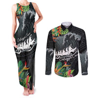 Outrigger Canoe Black Couples Matching Tank Maxi Dress and Long Sleeve Button Shirt On The Waves
