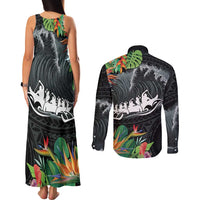 Outrigger Canoe Black Couples Matching Tank Maxi Dress and Long Sleeve Button Shirt On The Waves
