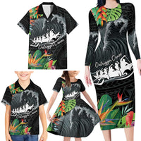 Outrigger Canoe Black Family Matching Long Sleeve Bodycon Dress and Hawaiian Shirt On The Waves