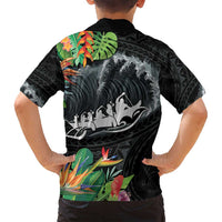 Outrigger Canoe Black Family Matching Tank Maxi Dress and Hawaiian Shirt On The Waves