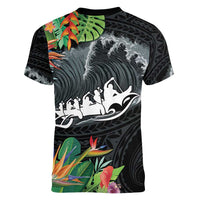 Outrigger Canoe Black Women V-Neck T-Shirt On The Waves