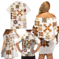 Vintage Hawaii Family Matching Off Shoulder Short Dress and Hawaiian Shirt Hawaiian Quilt Kapa Mismatch Beige LT7 - Polynesian Pride