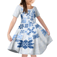 Vintage Hawaii Family Matching Off Shoulder Long Sleeve Dress and Hawaiian Shirt Hawaiian Quilt Kapa Mismatch Blue LT7 Daughter's Dress Blue - Polynesian Pride