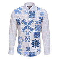 Vintage Hawaii Family Matching Puletasi Dress and Hawaiian Shirt Hawaiian Quilt Kapa Mismatch Blue LT7 Dad's Shirt - Long Sleeve Blue - Polynesian Pride