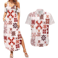 Vintage Hawaii Couples Matching Summer Maxi Dress and Hawaiian Shirt Hawaiian Quilt Kapa Mismatch Red LT7 Red - Polynesian Pride