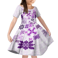 Vintage Hawaii Family Matching Off Shoulder Short Dress and Hawaiian Shirt Hawaiian Quilt Kapa Mismatch Purple LT7 Daughter's Dress Purple - Polynesian Pride