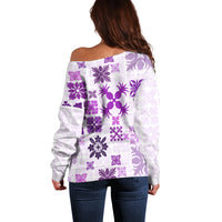 Vintage Hawaii Off Shoulder Sweater Hawaiian Quilt Kapa Mismatch Purple LT7 - Polynesian Pride