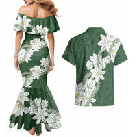 Ia Orana Tahiti Tiare Couples Matching Mermaid Dress and Hawaiian Shirt Sage Green Lei - Polynesian Pride