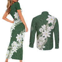 Ia Orana Tahiti Tiare Couples Matching Short Sleeve Bodycon Dress and Long Sleeve Button Shirt Sage Green Lei - Polynesian Pride