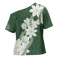 Ia Orana Tahiti Tiare Cross Shoulder Shirt Sage Green Lei - Polynesian Pride