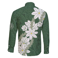 Ia Orana Tahiti Tiare Family Matching Off The Shoulder Long Sleeve Dress and Hawaiian Shirt Sage Green Lei - Polynesian Pride