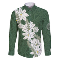 Ia Orana Tahiti Tiare Family Matching Off Shoulder Short Dress and Hawaiian Shirt Sage Green Lei LT7 Dad's Shirt - Long Sleeve Sage Green - Polynesian Pride