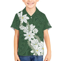 Ia Orana Tahiti Tiare Family Matching Off Shoulder Short Dress and Hawaiian Shirt Sage Green Lei LT7 Son's Shirt Sage Green - Polynesian Pride