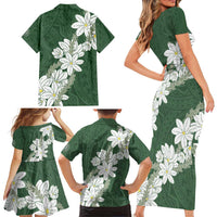 Ia Orana Tahiti Tiare Family Matching Short Sleeve Bodycon Dress and Hawaiian Shirt Sage Green Lei - Polynesian Pride