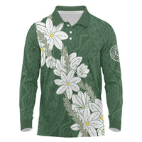 Ia Orana Tahiti Tiare Long Sleeve Polo Shirt Sage Green Lei - Polynesian Pride