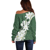 Ia Orana Tahiti Tiare Off Shoulder Sweater Sage Green Lei - Polynesian Pride