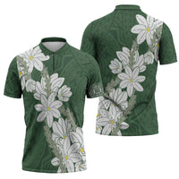 Ia Orana Tahiti Tiare Zipper Polo Shirt Sage Green Lei - Polynesian Pride