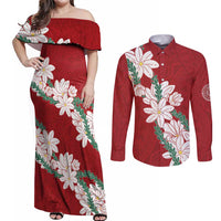 Ia Orana Tahiti Tiare Couples Matching Off Shoulder Maxi Dress and Long Sleeve Button Shirt Crimson Lei - Polynesian Pride