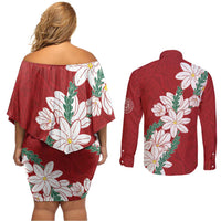 Ia Orana Tahiti Tiare Couples Matching Off Shoulder Short Dress and Long Sleeve Button Shirt Crimson Lei - Polynesian Pride