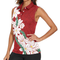 Ia Orana Tahiti Tiare Women Sleeveless Polo Shirt Crimson Lei - Polynesian Pride