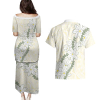 Ia Orana Tahiti Tiare Couples Matching Puletasi and Hawaiian Shirt Lemon Yellow Lei - Polynesian Pride