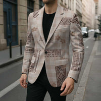 Hawaiian Quilt Tapa On Beige Palaka Motifs Blazer