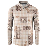 Hawaiian Quilt Tapa On Beige Palaka Motifs Button Sweatshirt