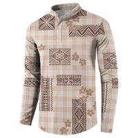 Hawaiian Quilt Tapa On Beige Palaka Motifs Button Sweatshirt