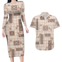 Hawaiian Quilt Tapa On Beige Palaka Motifs Couples Matching Long Sleeve Bodycon Dress and Hawaiian Shirt