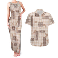 Hawaiian Quilt Tapa On Beige Palaka Motifs Couples Matching Tank Maxi Dress and Hawaiian Shirt