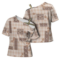 Hawaiian Quilt Tapa On Beige Palaka Motifs Cross Shoulder Shirt