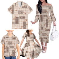 Hawaiian Quilt Tapa On Beige Palaka Motifs Family Matching Off The Shoulder Long Sleeve Dress and Hawaiian Shirt