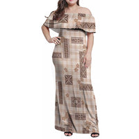 Hawaiian Quilt Tapa On Beige Palaka Motifs Family Matching Off Shoulder Maxi Dress and Hawaiian Shirt