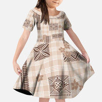 Hawaiian Quilt Tapa On Beige Palaka Motifs Family Matching Off Shoulder Short Dress and Hawaiian Shirt
