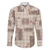 Hawaiian Quilt Tapa On Beige Palaka Motifs Family Matching Off Shoulder Short Dress and Hawaiian Shirt