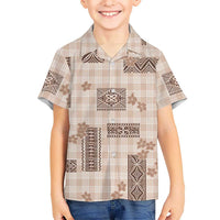 Hawaiian Quilt Tapa On Beige Palaka Motifs Family Matching Off Shoulder Short Dress and Hawaiian Shirt