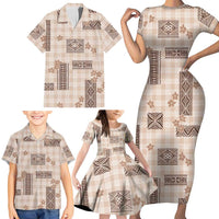 Hawaiian Quilt Tapa On Beige Palaka Motifs Family Matching Short Sleeve Bodycon Dress and Hawaiian Shirt