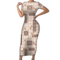 Hawaiian Quilt Tapa On Beige Palaka Motifs Family Matching Short Sleeve Bodycon Dress and Hawaiian Shirt