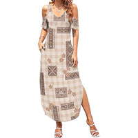 Hawaiian Quilt Tapa On Beige Palaka Motifs Family Matching Summer Maxi Dress and Hawaiian Shirt