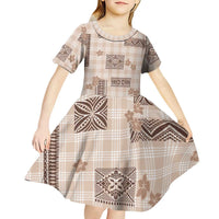 Hawaiian Quilt Tapa On Beige Palaka Motifs Kid Short Sleeve Dress