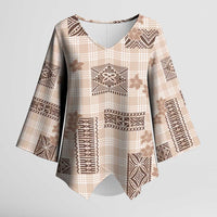 Hawaiian Quilt Tapa On Beige Palaka Motifs Kimono Sleeve Blouse