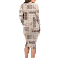 Hawaiian Quilt Tapa On Beige Palaka Motifs Long Sleeve Bodycon Dress