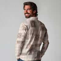 Hawaiian Quilt Tapa On Beige Palaka Motifs Long Sleeve Polo Shirt
